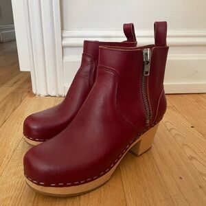 Swedish Hasbeens Clog Women's Red Leather Ankle Boots